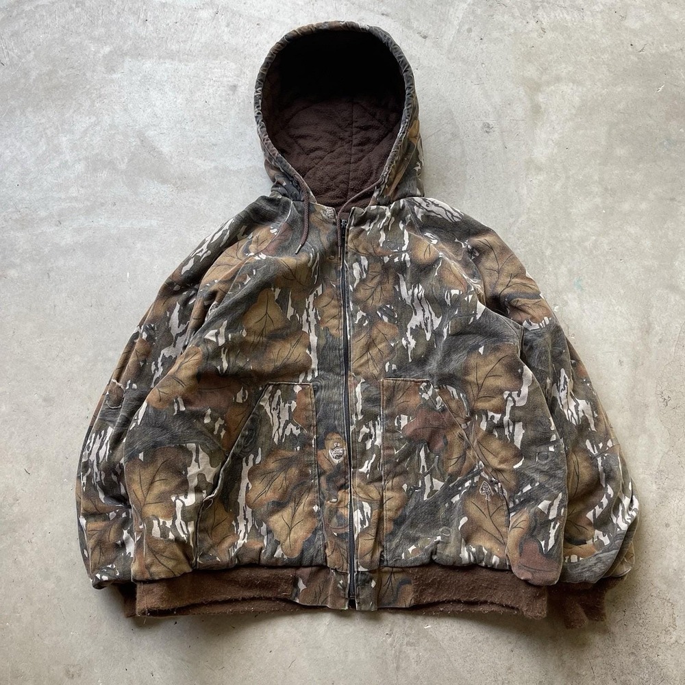 Vintage Mossy Oak Camo Zip Hoodie USA Made Fleece Lined Jacket Workwear Size XL